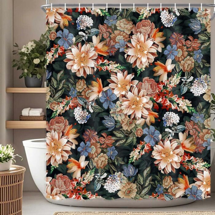 Drgilau Floral Shower Curtain, Vintage Floral Shower Curtain Set Blue Flower Plants Bathroom Curtain, Boho Shower Curtain Set with 12 Hooks for Bathroom Decor 72X72 Inch