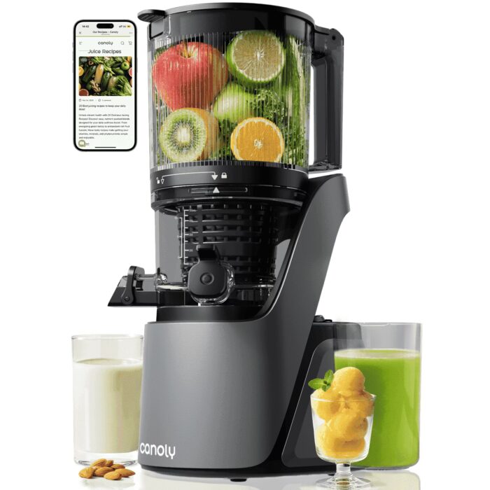 Canoly C16 Masticating Cold Press Juicer, 6" Wide Mouth Feed Chute for Whole Fruits & Vegetables, 250W, 3-in-1 for Juice, Sorbet & Nut Milk, Bpa-Free, Black