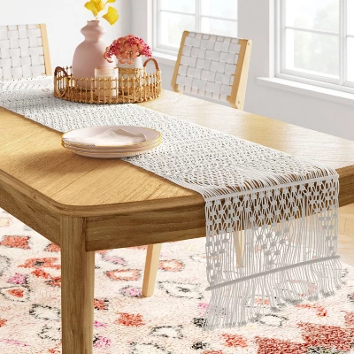 108" x 14" Cotton Macrame Table Runner White - Opal House Boho Cottagecore