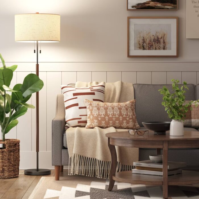 60.5"x18" Cut Off Base Floor Lamp Black/Brown Metal/Wood - Threshold™: Modern Standing Light for Living Room, Dual Pull Chain