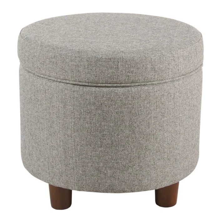 Round Storage Ottoman Light Gray Tweed - HomePop: Upholstered Footstool with Lift-Off Lid, Wood Leg