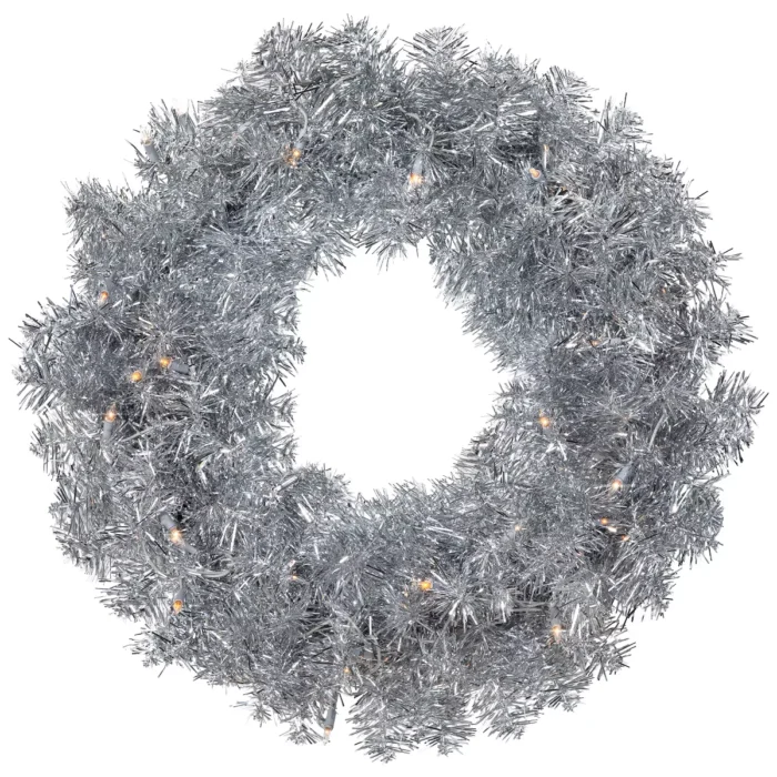 Northlight Pre-Lit Artificial Tinsel Christmas Wreath - 24" - Silver - Clear Lights