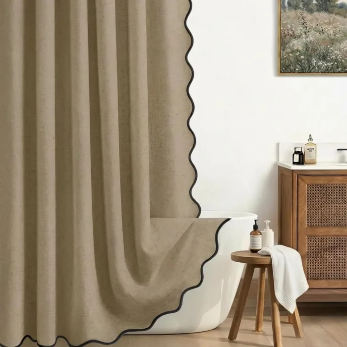 Scalloped Shower Curtain Linen Boho Khaki 72" W x 72" L