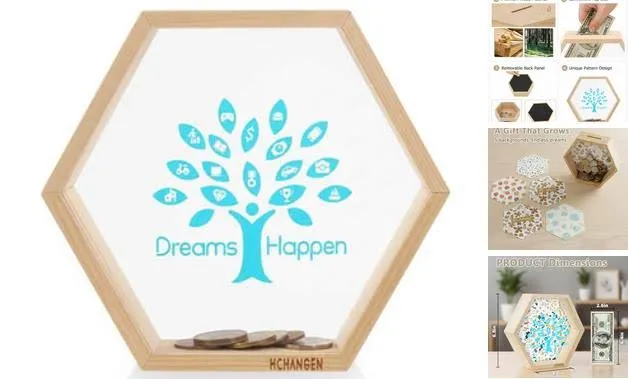 HCHANGEN Wooden Piggy Bank for Adults with 5 Changeable Background Cards