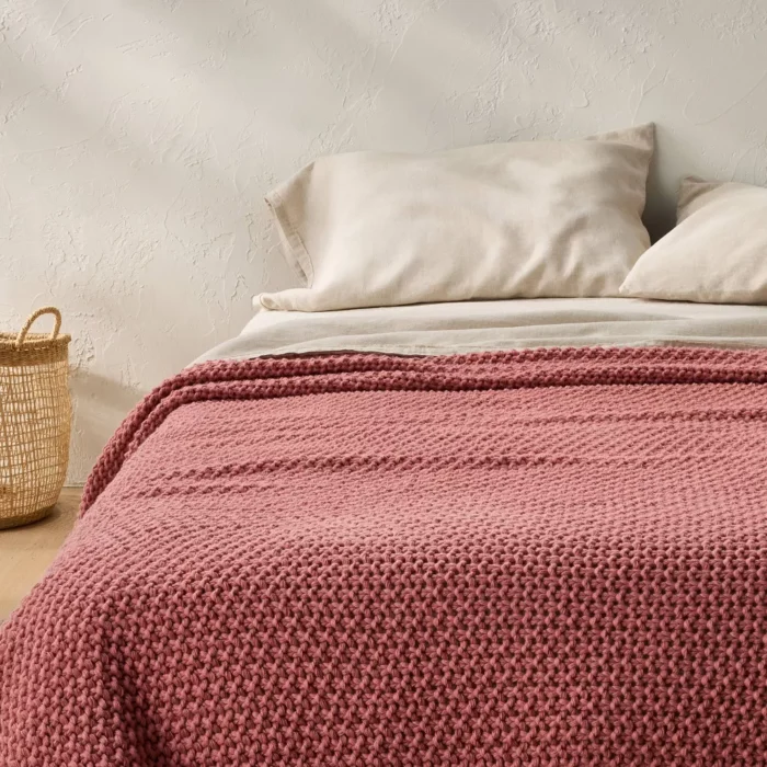 Full/Queen Chunky Knit Bed Blanket Rose - Casaluna: Acrylic Sweater Knit, Machine Washable, No Style Assigned