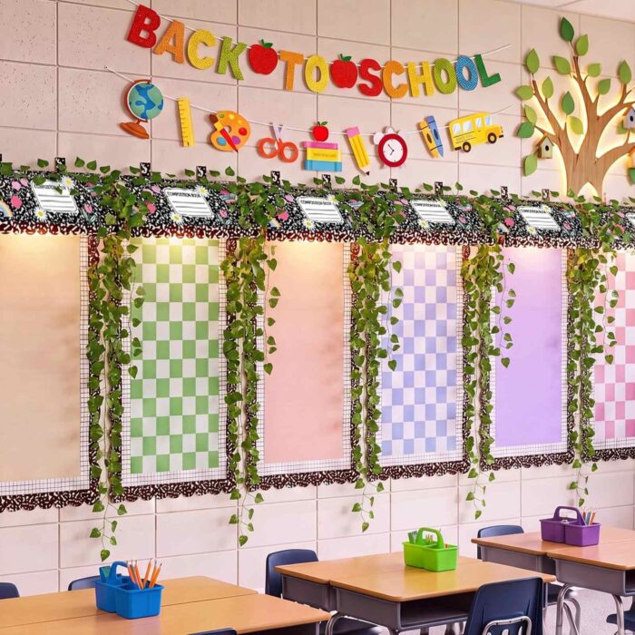 RattanView 24 Pcs /6 Set Back to School Classroom Awning Decor Kit Composition Notebook Bulletin Board Awning Decor Paper Poster Warm LED Light Artificial Grape Vine for Classroom School Chalkboard