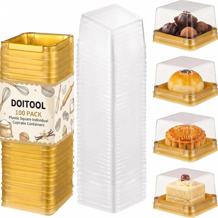 100 Set Plastic Single Individual Cupcake Containers Muffin Dome Holders with Lids, Mini Cupcake Containers Square Moon Cake Box Stand, Cookies Muffins Dome Box Mini Dessert Boxes- Golden