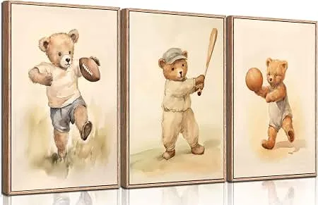 3Pcs Bear Soccer Sports Wall Art Cute Animal Boy Room Canvas Wall Decor Baby Teddy Bear Pictures Boy Nursery Art Prints Kids Animal Poster Artwork for Toddler Bedroom Playroom 12x16 Inch Unframed