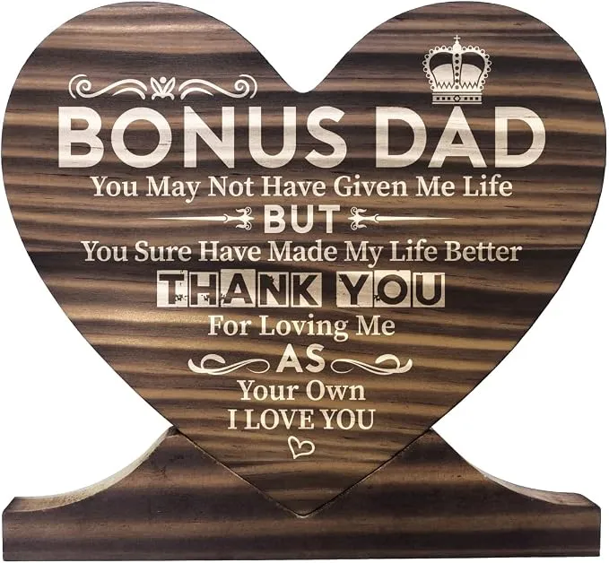 AUII JO DESIGN Stepdad Gift Wood Sign, Bonus Dad Plaque, Heart Wood Sign, Meaningful Gifts for Stepdad, 6 x 6 x 0.6 inches, Pine Wood