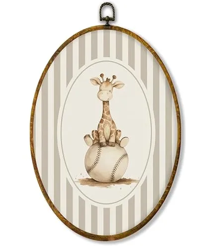 Hiuwevt Vintage Giraffe Baseball Oval Wall Art Decor, Giraffe Gifts Framed Canvas Prints, Animal Sports Nursery Oval Wall Hanging Decor for Kids Nursery Bedroom Room Decorations, 8.6x11.4 Inches