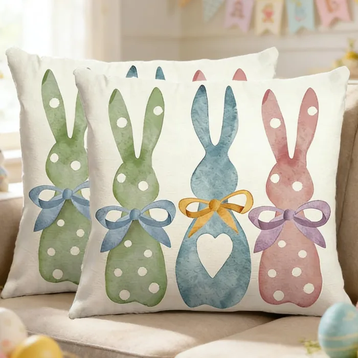 Easter Pillow Covers 18x18 inch Set of 2 Easter Decorations Pink Ears White Rabbit Soft Plush Faux Fur Throw Pillows for Bedroom Sofa Holiday Festivals Home Decor