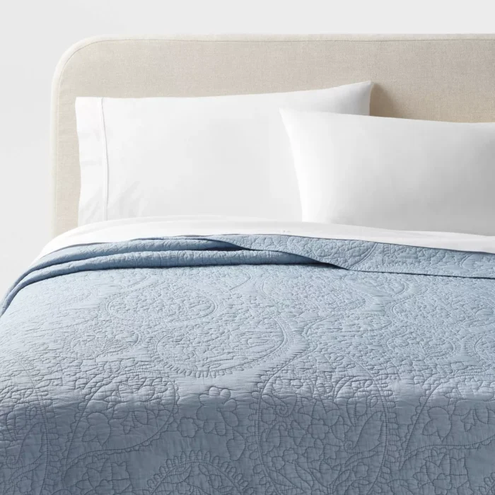 King Garment Washed Paisley Stitch Quilt Sky Blue - Threshold™: Microfiber Coverlet, OEKO-TEX Certified