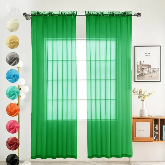 youleyar Solid Sheer Rod Pocket Curtain Voile Draperies 2 Panels White Beige Black Grey Coffee 52 Inch Width 72 Inch Long 1 Pair for Kitchen Bedroom Children Living Room Yard (Green,52Wｘ72L)