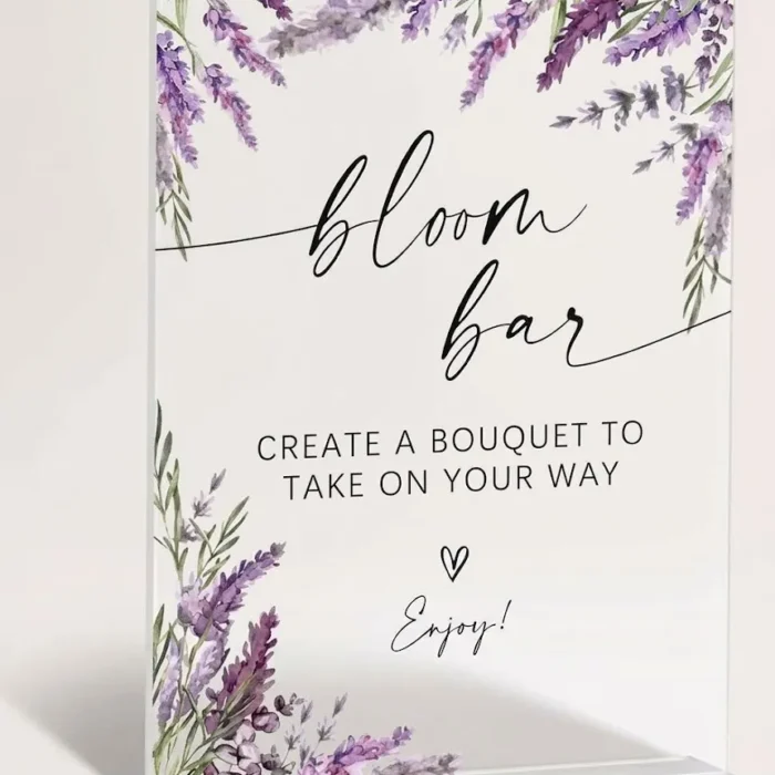 Bloom Bar Sign, Lavender Bridal Shower Decorations, Wedding Reception Table Decorations, Engagement Party Decor, Purple Floral Wooden Sign with Stand for Wedding Reception And Bridal Party Decor, 18