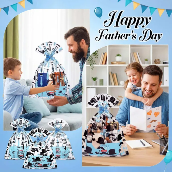 Gueevin 24 Sets Happy Father's Day Empty Gift Baskets, 24 Cardboard Market Trays to Fill 24 Cellophane Bags 24 Blue Pull Bows, DIY Gift Wrapping for Father's Day Birthday Party