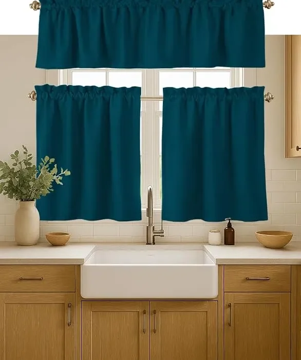 Native Fab 3 Piece Window Curtain Tiers 26"x36" and Valance 54"x18" Set - Rod Pocket - Semi Sheer - Short Curtain for Kitchen, Cafe, Living Room - Teal Green