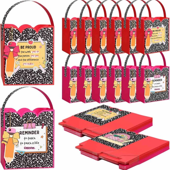 Gueevin 24 Pcs Back to School Composition Notebook Gift Bags Welcome Teacher Gift Bags with Handles and Pencil Tags Teacher Treat Paper Goodies Decor for First Day Office Wrapping Party Supplies