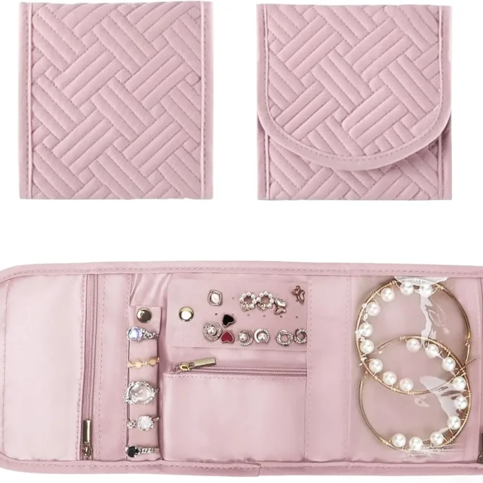 SUNRISING Travel Jewelry Organizer Case for Women, Foldable Jewelry Roll Pouch Bag with Portable Design for Journey Rings, Necklaces, Earrings, Bracelets, Mini - Pink
