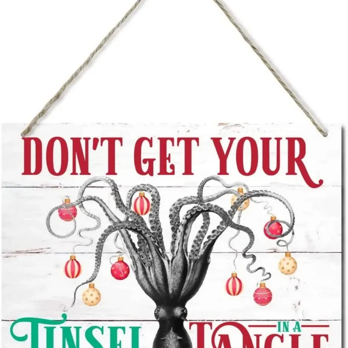 Beach Christmas Wooden Door Hanging Sign, "Don't Get Your Tinsel in a Tangle", Beach House Xmas Decor, Party Supplies Favors, Funny Xmas Gift 10 X 7.8 in