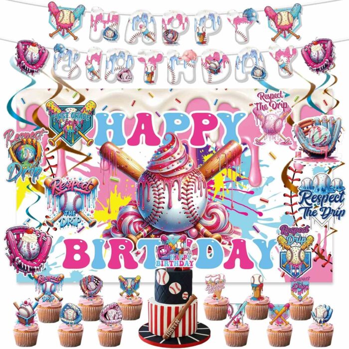 TAKEALOOKO Ice Cream Drip Baseball Decorations Set - 35Pcs includes Base Ball Icecream Theme Banners & Hanging Swirls Backdrop Cupcake Toppers Supplies for Birthday Party Decoration