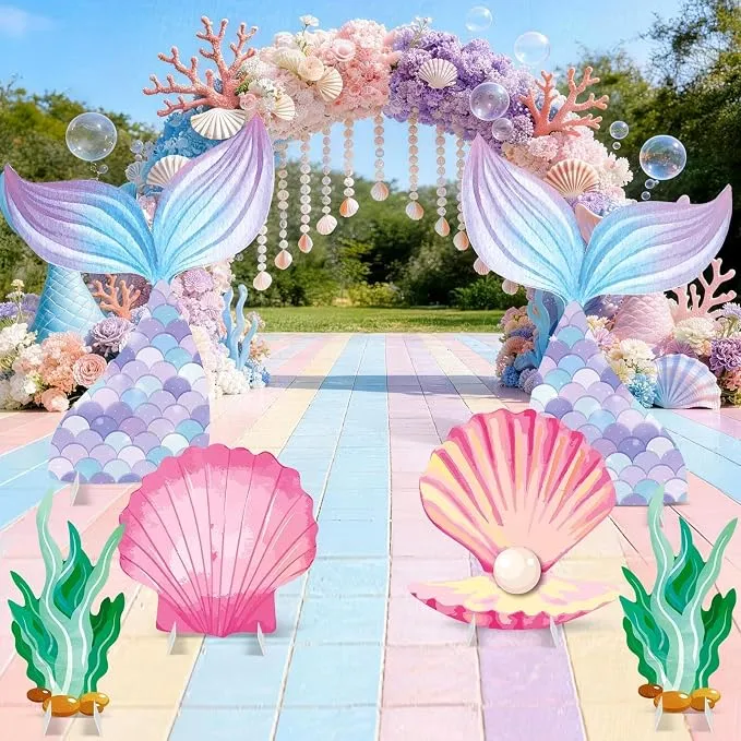 Chunful 6 Pcs Large Under the Sea Stand Decoration 19-32 Inch Starfish Seaweed Cardboard Cutout Mermaid Birthday Party Decoration for Ocean Theme Baby Shower Lawn Classroom Yard Decor Photo Prop