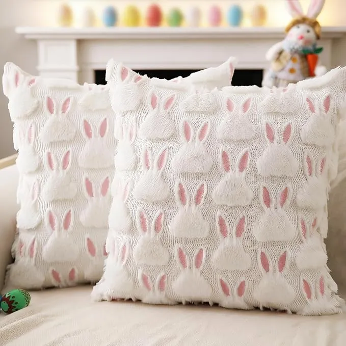 Easter Pillow Covers 18x18 inch Set of 2 Easter Decorations Pink Ears White Rabbit Soft Plush Faux Fur Throw Pillows for Bedroom Sofa Holiday Festivals Home Decor