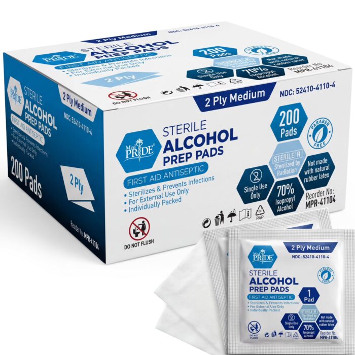 MED PRIDE Sterile Alcohol Prep Pads, Antiseptic, 70% Isopropyl, Individually Wrapped, Medical Grade 2 Ply Wipes 200 Count  White