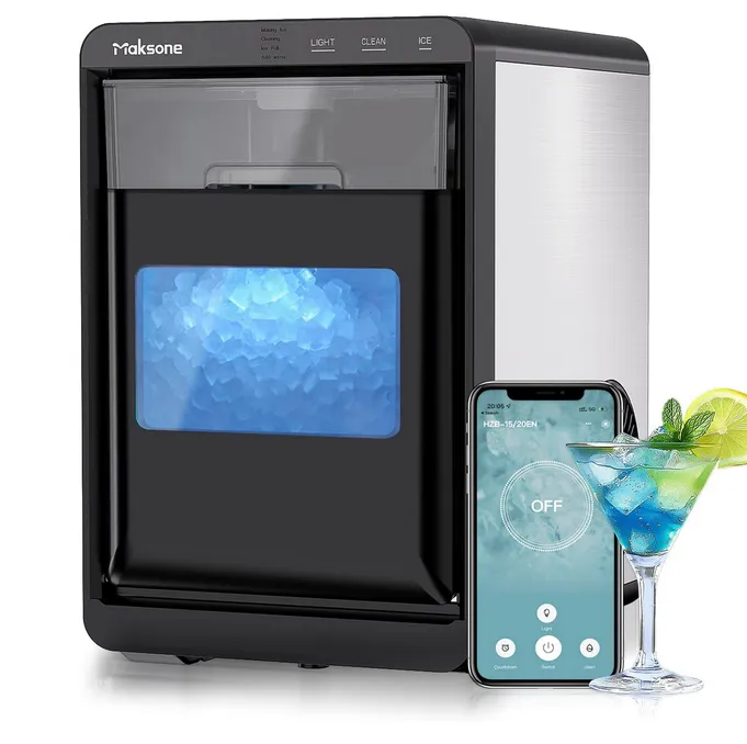 Maksone Countertop Nugget Ice Maker with APP Control, 44lbs/24H,Ready in 7 Mins,Crushed ice Maker,Sonic Pebble Ice Machine