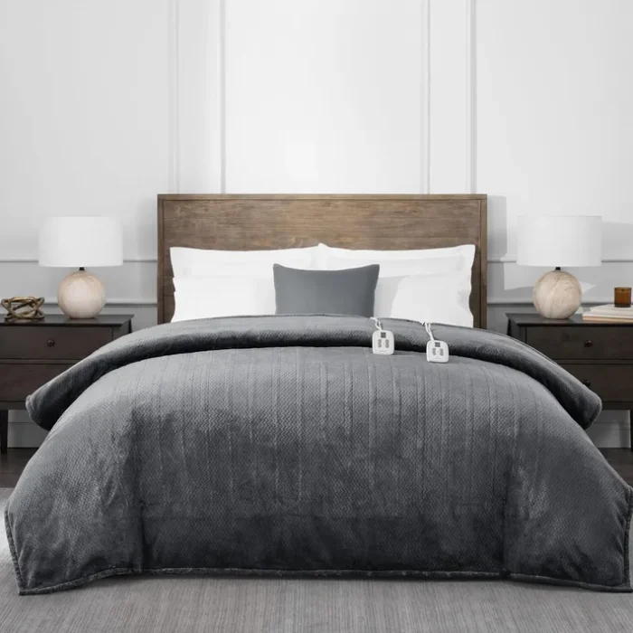 Brookstone Electric Heated Comfort Plush Herringbone Blanket w/ 10 Heat Settings - Adjustable Timer - Dryer Safe - F/Q Blanket - Charcoal