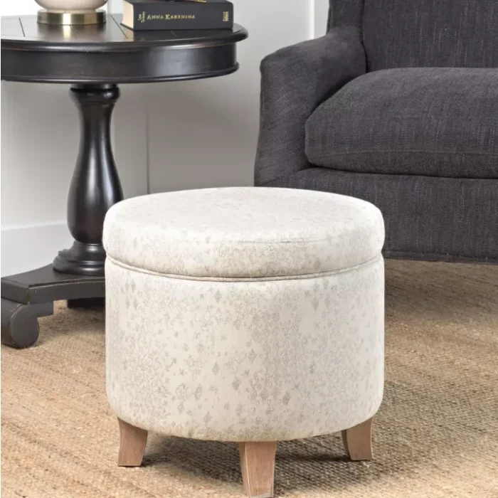 Cole Classics Round Storage Ottoman Flared Wood Leg Linen - HomePop: Khaki Upholstered Lift-Top, Padded Seat, Traditional Style