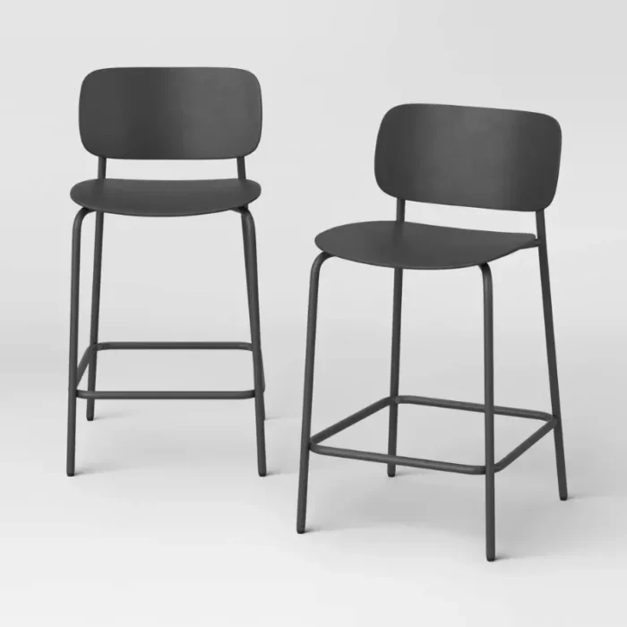 Set of 2 24" Molded Plastic with Metal Base Counter Height Barstool with Footrest Black - Room Essentials™