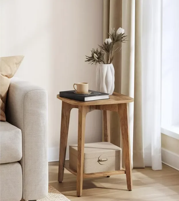 Side Table, Small Square End Table with Lower Shelf, Nightstand for Small Spaces, Honey Brown