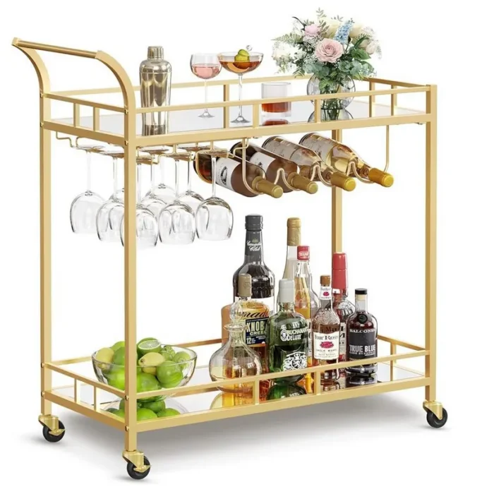 Bar Cart Gold Home Bar Serving Cart Wine Cart, 15”d x 33.9”w x 35.4”h, Gold