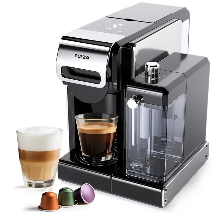 PULZO Espresso Machine with Integrated Automatic Milk Frother, capsule coffee maker for K*cup capsule/Ne*s Original/coffee powder, One Touch Latte & Cappuccino