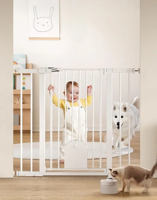 Babelio 36" Tall Auto Close Baby Gate with Small Cat Door, 29-43" Metal Cat Gate for Doorway, Stairs, House. Easy Walk Thru Dog Gate with pet Door, Includes 4 Wall Cups and 3 Extension Pieces, White
