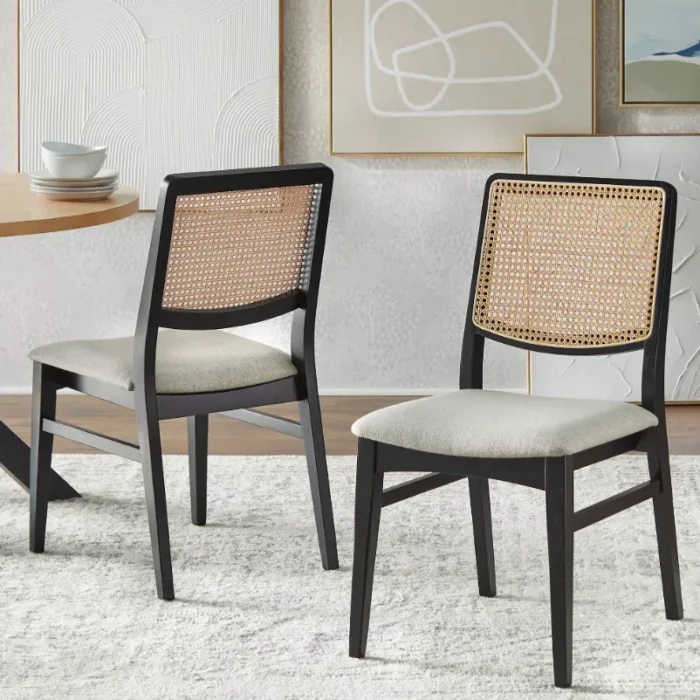 Lifestorey Set of 2 Gilcrest Modern Cane Back Dining Chairs Black/Natural: Mid-Century Modern, Rubberwood Frame, Gray Upholstery
