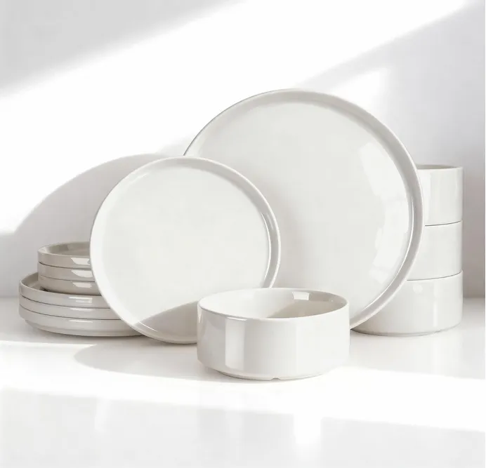 Famiware Porcelain Dinnerware Set, 12-Piece Modern Plate and Bowl Set, Dish Set for 4, Microwave and Dishwasher Safe Tableware, White