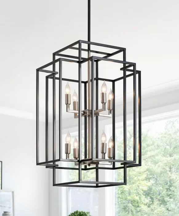 Sdorens 8-Light Tiered Lantern Pendant Light, Black and Silver Farmhouse Chandelier, Foyer Chandeliers for high Ceilings, Modern Entryway Lighting Fixtures