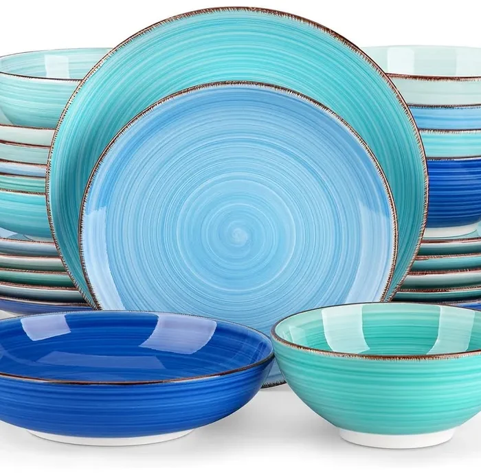 vancasso Bonita Stoneware Dinnerware Sets 24 Pieces Service for 6, Hand-Painted Spiral Dishes Set, Ceramic Kitchen Plates and Bowls Sets-Microwave and Dishwasher Safe (Blue,24 Pcs)