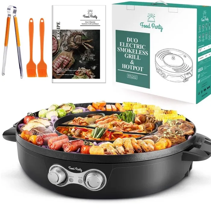 Food Party DUO Electric Smokeless Grill and Hot Pot, With Separable Cooking Plate, Deluxe Combo of 1 Recipe Book, 1 Tong, 1 Oil Brush, 1 Pack of Parchment