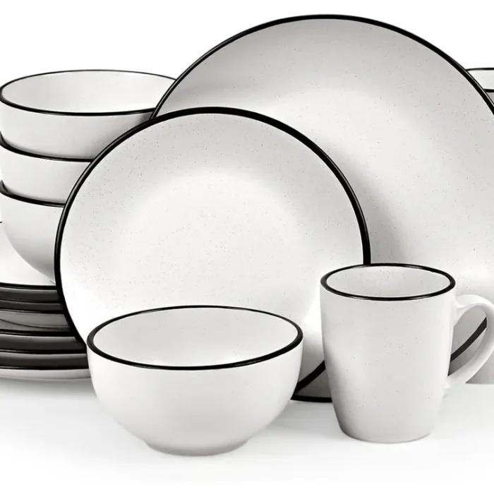 Homlouue 16 Pieces Stoneware Dinnerware Set, Speckled Ceramic Plates and Bowls Mugs Sets Service for 4, Ceramic Dishes Set, Microwave and Dishwasher Safe(White with Black Rim)
