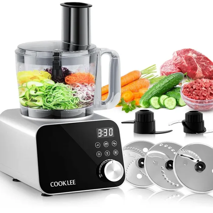 COOKLEE Food Processor, 600 Watts, 6 Functions Electric Food Chopper for Chopping, Mincing, Dicing, Shredding, Slicing, Purees & Dough with 12cup Processor Bowl, Food Chute & Pusher, Silver