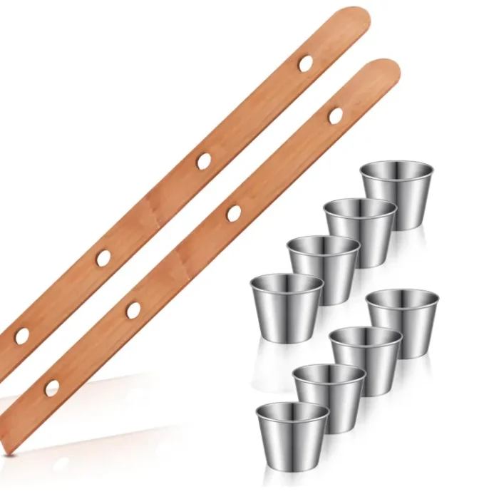 Sunnychicc 2 Sets Shot Board Stainless Steel Shot Glass Set Person Drinking Ski Retro Vintage Rustic Wood Drinking Board for Party Barware Vessel for Wedding Celebration Bar (Brown)
