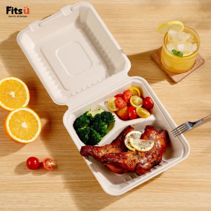 Fitsu Compostable Clamshell Take Out Food Containers, 3-Compartment To Go Boxes for Food with Greaseproof Paper & Tamper Stickers - Heavy Duty, Microwave Safe (24, 9 Inch)