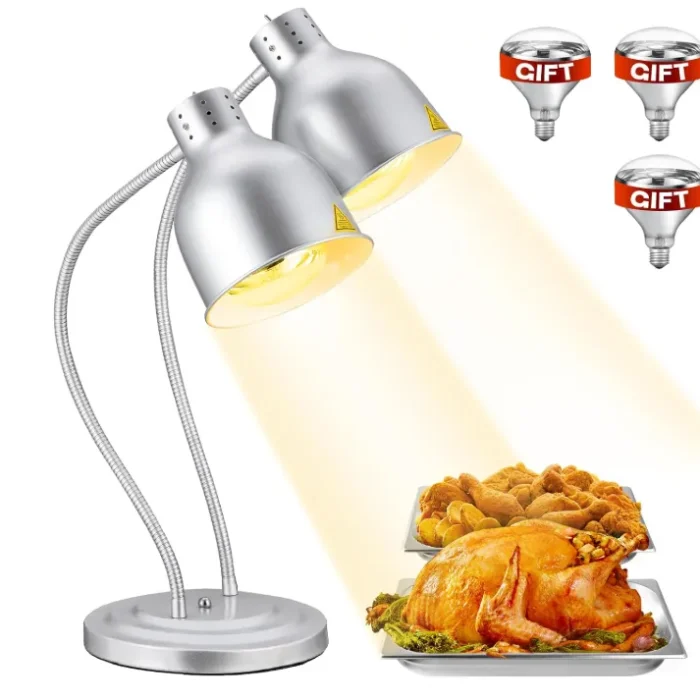 Food Heat Lamp: [Rapid-Heating Bulbs Included] [Steady Heating] Commercial Food Warmer Lamp, Electric Heat Lamp for Food Catering Food Warming Lamp for Buffet Parties (Painted Silver, 32" (2-Head))