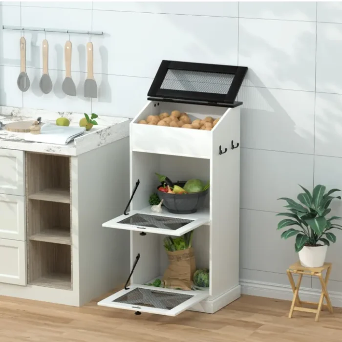 Wooden Potato and Onion Storage Bin w/Lid, Large Capacity and Ventilated Design, Ideal for Pantry, Kitchen White