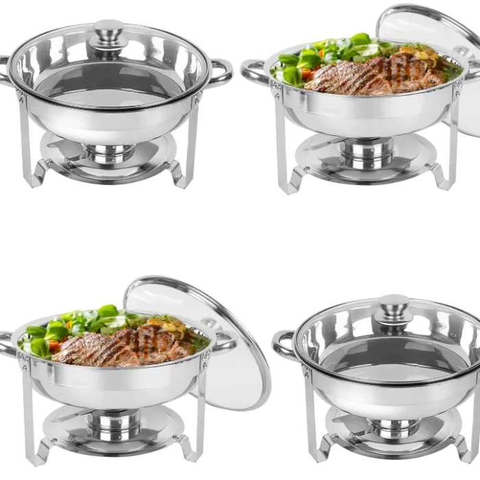 IMACONE Chafing Dish Buffet Set 4 Pack, 5QT Round Stainless Steel Chafer for Catering in Glass Lid, Chafers and Buffet Warmer Sets w/Food & Water Pan, Lid, Frame, Fuel Holder for Event Party Holiday