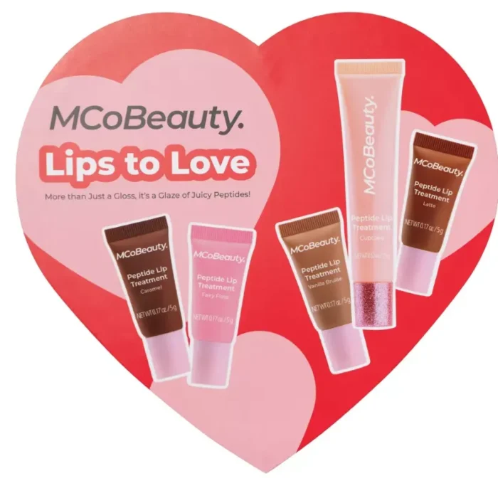MCoBeauty Lips to Love Heart Shape Box - 5pc: Moisturizing, Lip Makeup, Gel, Light Tones