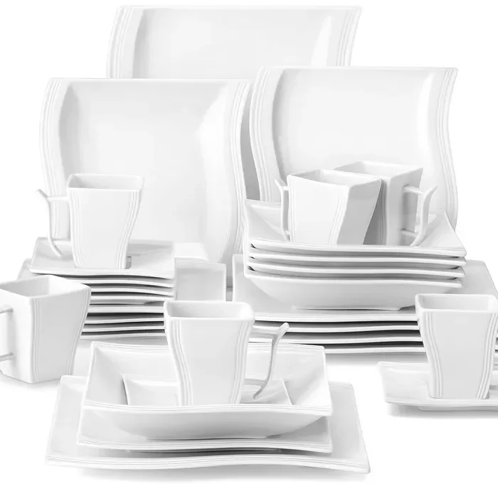MALACASA Ivory White Dinnerware Sets, 30-Piece Porcelain Plates and Bowls Sets, Modern Dish Set for 6, Square Plates Dinnerware Set Kitchen Dishware Sets, Microwave and Dishwasher Safe, Series Flora