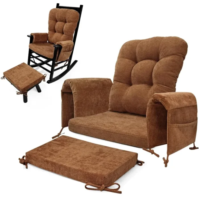 Glyzia 5 PCS Glider Rocker Replacement Cushions with Storage Side Pocket, Luxuriy Chenille Fabric Foam & Microfiber Filling, Thickened & Supportive Rocking Chair Cushion Set, Brown